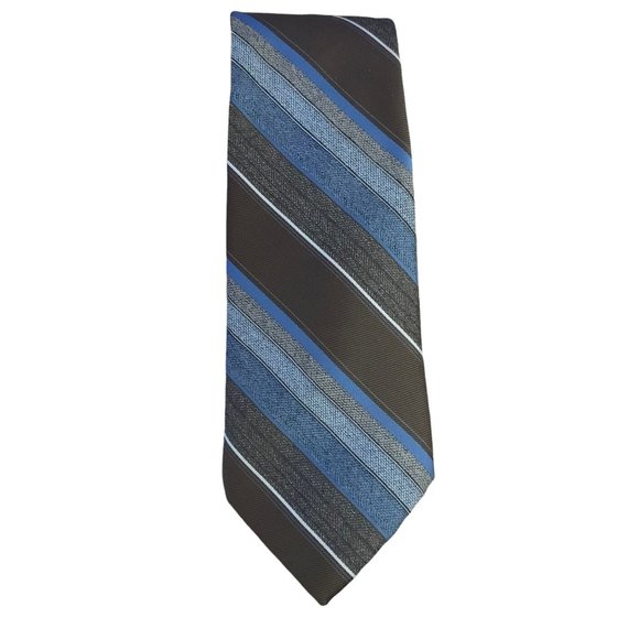 Vintage 80s Mervyns Necktie 3.25 in Brown Blue Striped Silk Blend - Picture 1 of 5